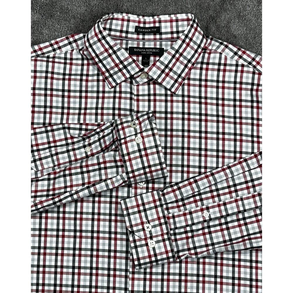 Banana Republic Men L Camden Fit Non-Iron Red Gray Black Herringbone Plaid Shirt